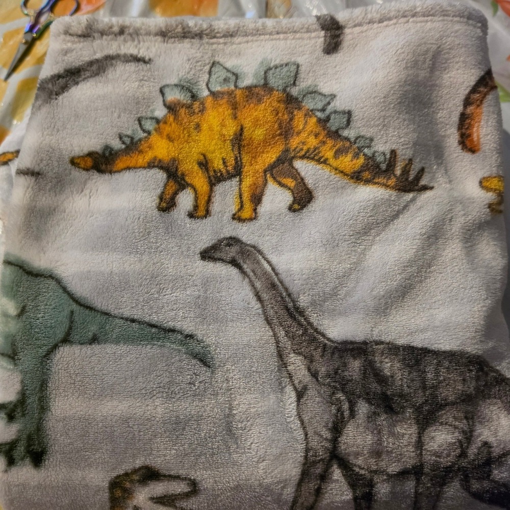 Max Studio Kids Dinosaur Plush Throw Blanket Grey White Stripe 50x60